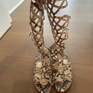 Stuart Weitzman Snake-Print Gladiator Sandals in Brown and Tan